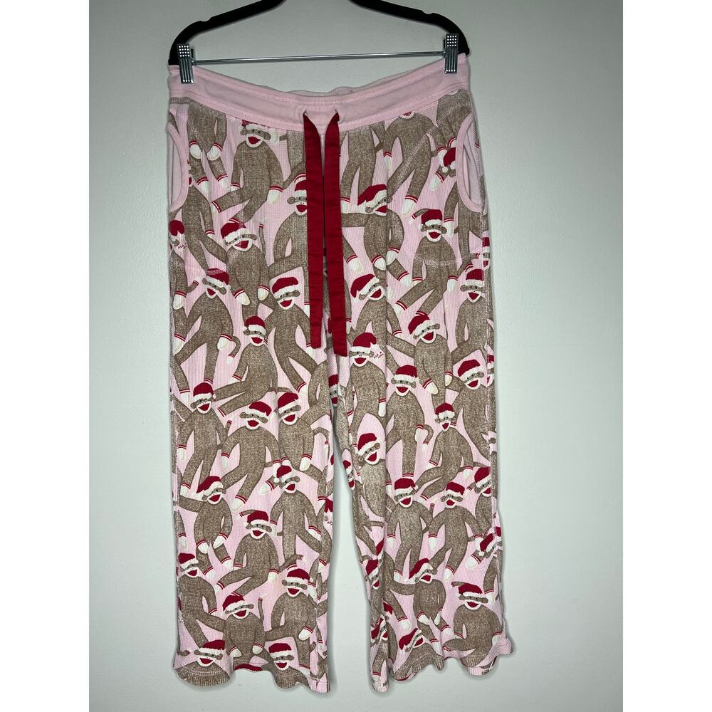 Nick & Nora Women's Sock Monkey Pajama Pants Pink Red Drawstring Wide Leg Size L